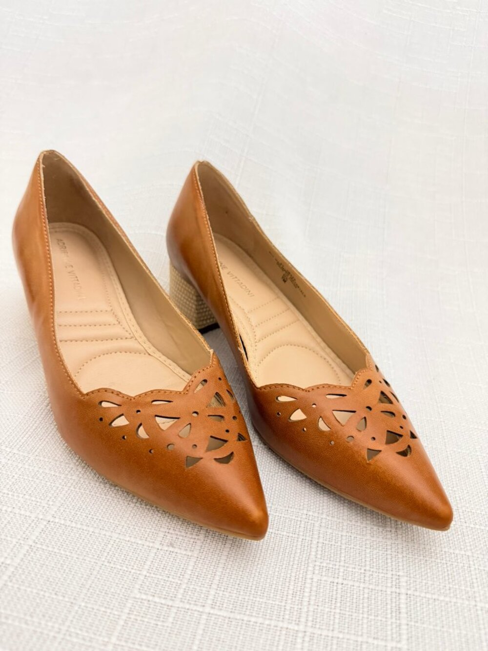 Adrienne Vittadini Brown Leather Laser Cut Pointed Toe Pumps Size 7